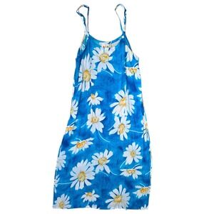 Flower Power Blue Daisy Print Rayon Midi Resortwear Beach Slip Dress Small